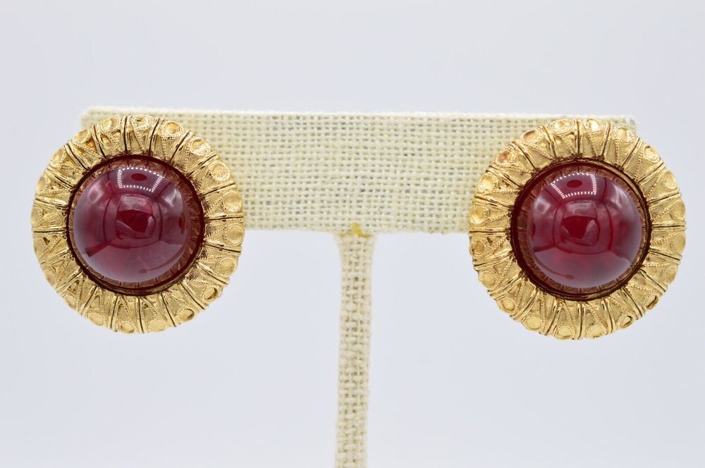 Givenchy Vintage Cabochon Earrings Red Brushed Gold Chunky Signed 1980s BinAF